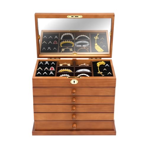 GAOUSD Schmuckschatulle mit 6 Ebenen, für Damen, mit Spiegel, Schlüssel und 6 Schubladen, Aufbewahrungsbox, Schmuckbox aus Holz, zum Aufbewahren von Anhängern, Armbändern, Broschen, Halsketten, Ringen von GAOUSD