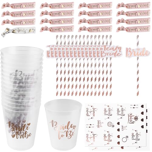 16 Stück JGA Becher Braut Team Tassen: Bachelorette Party Cups, Team Braut Strohhalme, JGA Becher Armbänder und Team Bride Sticker, Bride to be deko für Bridal Shower, Verlobungsfeier von GAOUTO