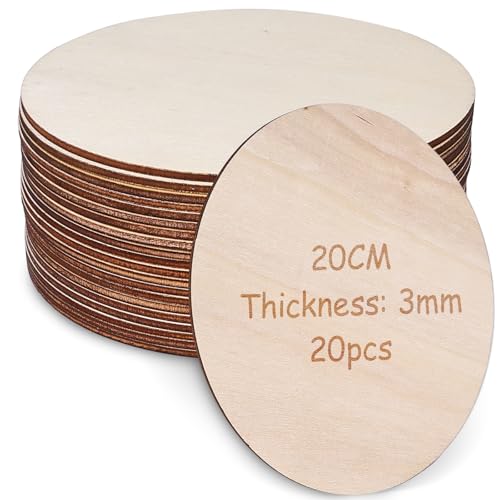 20 Stücke Runde Holzscheiben, 3 mm Dicke Holzscheiben, 20 cm Durchmesser Naturholzscheiben Unbehandelt Holzplatte Runde Sperrholzplatten für Dekoration Handwerke Bemalen DIY Handwerk von GAOUTO