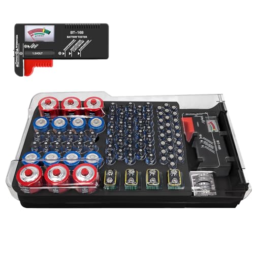 Batterie Aufbewahrungsbox, Batteriebox, Batterie Organizer für fasst 93 Batterien verschiedener Größen Sortierbox Aufbewahrungsbox für AAA, AA, 9 V, C, D und Knopfbatterie 305 mm x 175 mm x 60 mm von GAOUTO