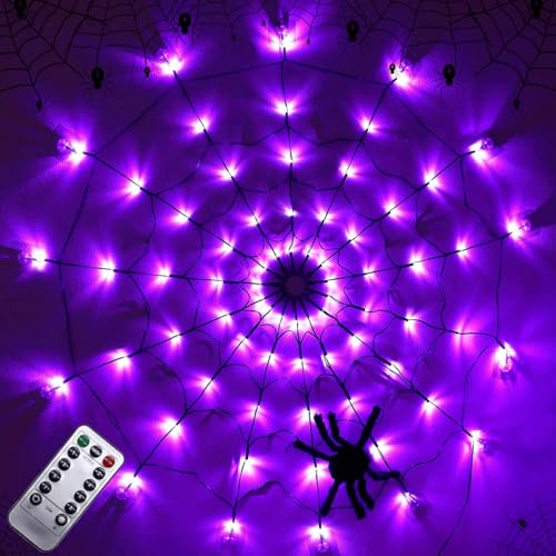 Halloween Spinnennetz Lichter Set: 70 LED Spinnennetz Licht 8 Modi mit Fernbedienung und 1 Stück Spinne, Halloween Deko Spinnennetz Lichter 1 Meter Durchmesser für Dekorieren auf Halloweenpartys von GAOUTO