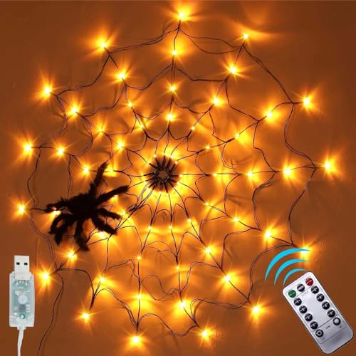 Halloween Spinnennetz Lichter Set: 70 LED Spinnennetz Licht 8 Modi mit Fernbedienung und 1 Stück Spinne, Halloween Deko Spinnennetz Lichter 1 Meter Durchmesser für Dekorieren auf Halloweenpartys von GAOUTO