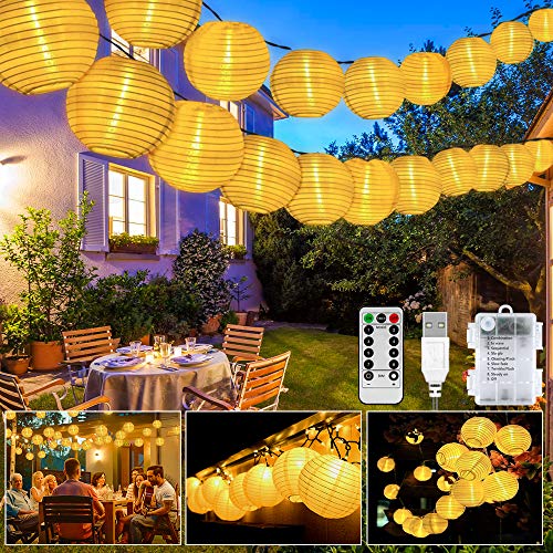 LED Lampion Lichterkette Außen, 40er 8 Modi Lampion LED Lichterketten, USB/Batteriebetriebe und IP65 Wasserdicht LED Laterne Lichter Dekoration mit Timer für Garten, Hof, Hochzeit, Fest Deko (20LED) von GAOUTO