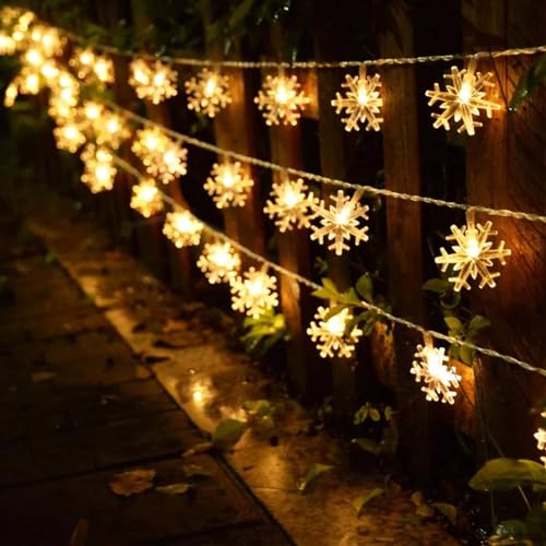 GARITE Lichterkette Batterie, 6M 40LED Schneeflocke Lichterkette Innen, Warmweiße Weihnachts Lichterkette mit 8 Modi, Wasserdichte Außen Innen Lichterketten für Zimmer/Party/Garten/Weihnachten/Bäume von GARITE