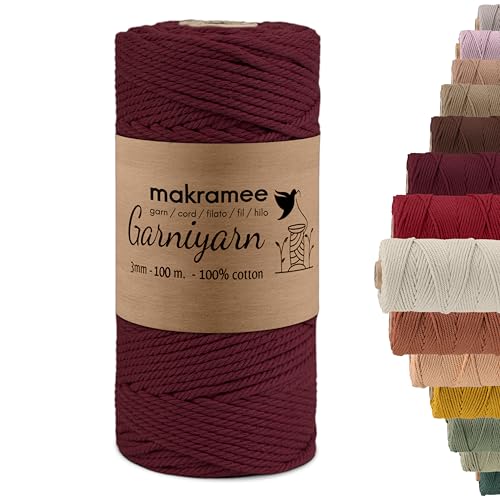 GARNIYARN Premium Macrame Garn – Weiches Baumwollseil für Makramee, DIY-Bastelprojekte, Wandbehänge, Pflanzenhänger und Wohnaccessoires – 100% Natürlich Cotton 3mm/100m/200m (Burgundy, 100m) von GARNIYARN