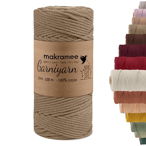 GARNIYARN Premium Macrame Garn – Weiches Baumwollseil für Makramee, DIY-Bastelprojekte, Wandbehänge, Pflanzenhänger und Wohnaccessoires – 100% Natürlich Cotton 3mm/100m/200m (Latte, 100m) von GARNIYARN