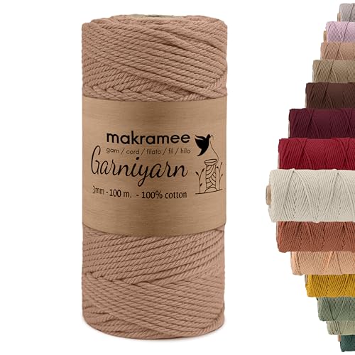 GARNIYARN Premium Macrame Garn – Weiches Baumwollseil für Makramee, DIY-Bastelprojekte, Wandbehänge, Pflanzenhänger und Wohnaccessoires – 100% Natürlich Cotton 3mm/100m/200m (Rustic Pink, 100m) von GARNIYARN