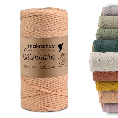 GARNIYARN Premium Makramee Garn 3mm – Weiches Baumwollseil für Macrame, DIY-Bastelprojekte, Wandbehänge, Pflanzenhänger und Wohnaccessoires – 100% Natürlich Cotton – 3mm, 100m (Peach Fuzz) von GARNIYARN