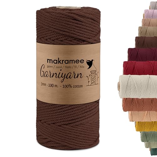 GARNIYARN Premium Macrame Garn – Weiches Baumwollseil für Makramee, DIY-Bastelprojekte, Wandbehänge, Pflanzenhänger und Wohnaccessoires – 100% Natürlich Cotton 3mm/100m/200m (Brown, 100m) von GARNIYARN