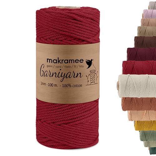 GARNIYARN Premium Makramee Garn 3mm– Weiches Baumwollseil für Makramee, DIY-Bastelprojekte, Wandbehänge, Pflanzenhänger und Wohnaccessoires – 100% Natürlich Cotton 3mm, 100m (Elegant Red) von GARNIYARN