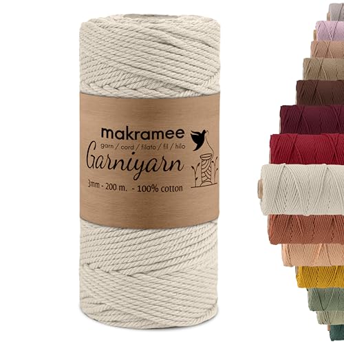 GARNIYARN Premium Makramee Garn 3mm– Weiches Baumwollseil für Makramee, DIY-Bastelprojekte, Wandbehänge, Pflanzenhänger und Wohnaccessoires – 100% Natürlich Cotton 3mm, 100m (Natural) von GARNIYARN