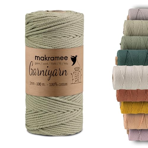 GARNIYARN Premium Makramee Garn 3mm– Weiches Baumwollseil für Makramee, DIY-Bastelprojekte, Wandbehänge, Pflanzenhänger und Wohnaccessoires – 100% Natürlich Cotton 3mm, 100m (Olive Green) von GARNIYARN