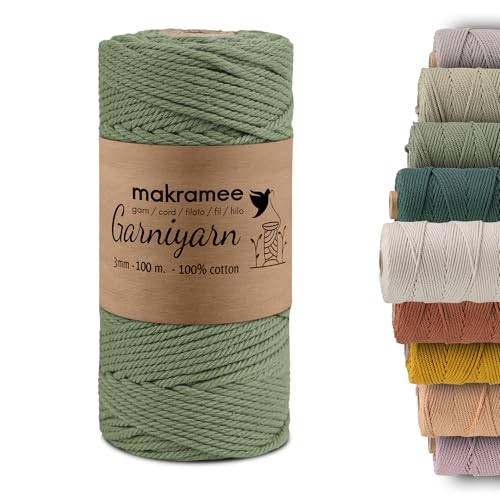 GARNIYARN Premium Makramee Garn 3mm – Weiches Baumwollseil für Makramee, DIY-Bastelprojekte, Wandbehänge, Pflanzenhänger und Wohnaccessoires – 100% Natürlich Cotton – 3mm, 100m (Sage Green) von GARNIYARN