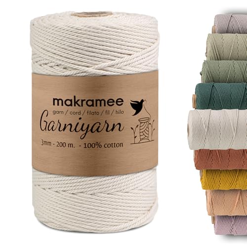 GARNIYARN Premium Makramee Garn 3mm– Weiches Baumwollseil für Makramee, DIY-Bastelprojekte, Wandbehänge, Pflanzenhänger und Wohnaccessoires – 100% Natürlich Cotton 3mm, 200m (Natural) von GARNIYARN