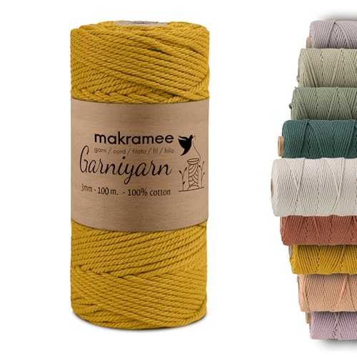 GARNIYARN Premium Makramee Garn 3mm– Weiches Baumwollseil für Makramee, DIY-Bastelprojekte, Wandbehänge, Pflanzenhänger und Wohnaccessoires – 100% Natürlich Cotton 3mm,100m (Ocher) von GARNIYARN