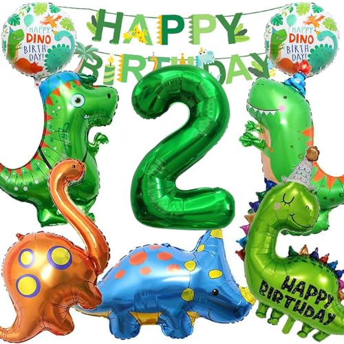 GAROMIA Dino Ballons Geburtstag 2 Jahre Dino Geburtstag Dinosaurier Ballon Deko Kindergeburtstag XXL Folien Dinosaurier Luftballons mit Happy Birthday Girlande 2 Folienballon für Junge von GAROMIA