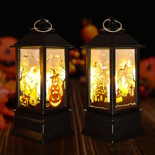 GAROMIA 2 Stück Halloween Deko Kerzenlaterne Halloween Laterne mit LED Kerze Kerzenlaterne Laterne Kerzen Halloween Deko Innen Outdoor Kürbislaterne zum Aufhängen Herbst für Halloween von GAROMIA