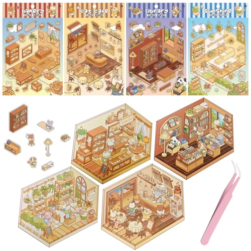 GAROMIA 3d House Sticker Miniatur Haus Sticker Cartoon Aufkleber kinder Sticker Hausbau Sticker Puppenhaus Blumenzimmer Szenenaufkleber Bäckereien café Szenenaufkleber für Erwachsene und Kinder von GAROMIA