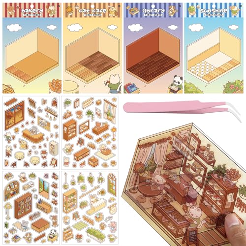 GAROMIA 3d House Sticker Miniatur Haus Sticker Cartoon Aufkleber kinder Sticker Hausbau Sticker Puppenhaus Blumenzimmer Szenenaufkleber Bäckereien café Szenenaufkleber für Erwachsene und Kinder von GAROMIA