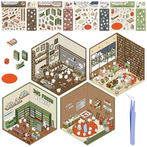 GAROMIA 3D House Sticker 3D Stickers Scene Miniatur Haus Sticker Cartoon Aufkleber kinder Sticker Hausbau Sticker Blumenzimmer Szenenaufkleber Bäckereien café Szenenaufkleber-4 von GAROMIA