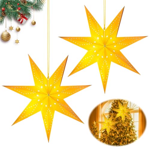 GAROMIA 45cm Weihnachtsstern Papierstern Beleuchtet zum Aufhängen 2 Stück LED Stern 7 zackig Papier Faltsterne Weihnachtsstern Beleuchtet Weihnachtsdeko Innen Stern zum Weihnachts Fenster Deko von GAROMIA