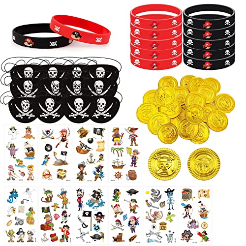 GAROMIA 58 Stück Kindergeburtstag Pirat Set piraten deko kindergeburtstag Piraten Goldmünzen Piraten Silikonarmbänder Piraten Augenklappe Piraten Tattoos Piraten Accessoires für Kinder Piratenparty von GAROMIA