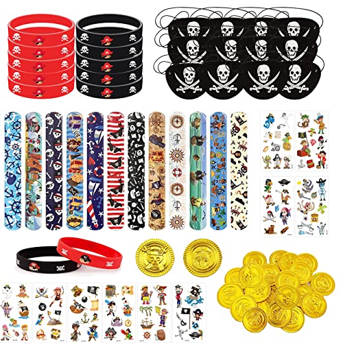 GAROMIA 70 Stück Kindergeburtstag Pirat Set Piraten Deko Kinder Piraten Goldmünzen Piraten Silikonarmbänder Piraten Augenklappe Piraten Tattoos Piraten Accessoires für Kinder Piratenparty von GAROMIA