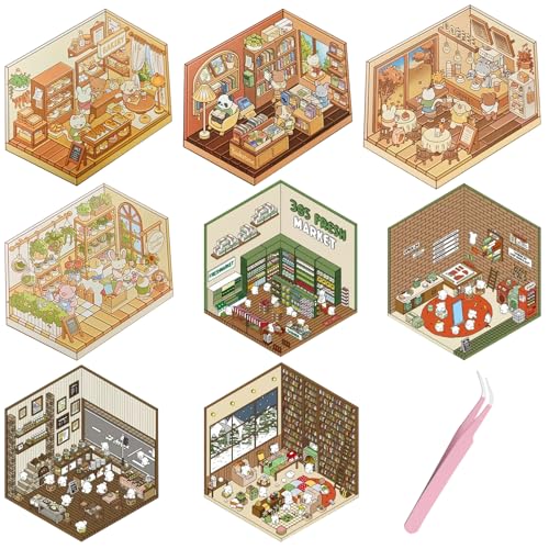 GAROMIA 8 Sets 3d House Sticker Scene Miniatur Haus Sticker Cartoon Aufkleber kinder Sticker Hausbau Sticker Room 3d sticker für Erwachsene und Kinder von GAROMIA