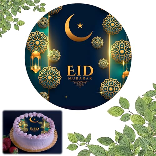 GAROMIA Essbare Tortenaufleger Eid Mubarak Tortendeko Kuchendekoration Eid Mubarak Cake Topper Essbare Mubarak Fondant Kuchendekoration Mubarak Tortenbild Verzierungen Esspapier Rund 20cm von GAROMIA