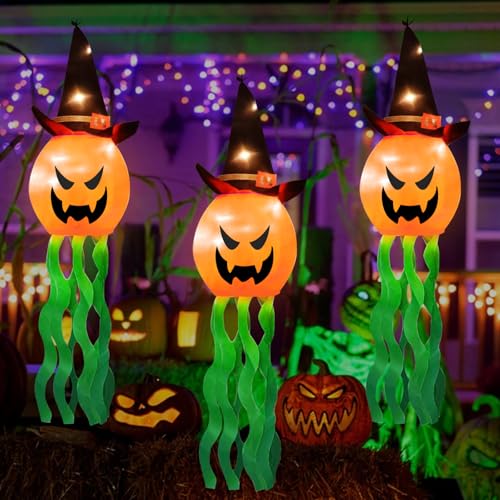 GAROMIA Halloween Hängende Geister Halloween Deko Outdoor Kürbis Geister Gruselig Halloween Kürbis Geister Licht Mit Hexenhut Geister Gartendeko zum Aufhängen Hängende Helloween Deko Garten von GAROMIA