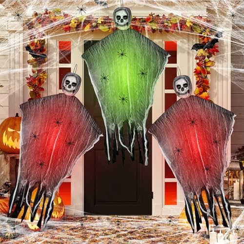 GAROMIA Halloween Hängende Geister Halloween Sensenmann Dekoration Halloween Deko Outdoor Leuchtende Skelett Hängend Halloween Sensenmänner mit 40g Spinnweben 20 Schwarze Spinne Helloween Garten von GAROMIA