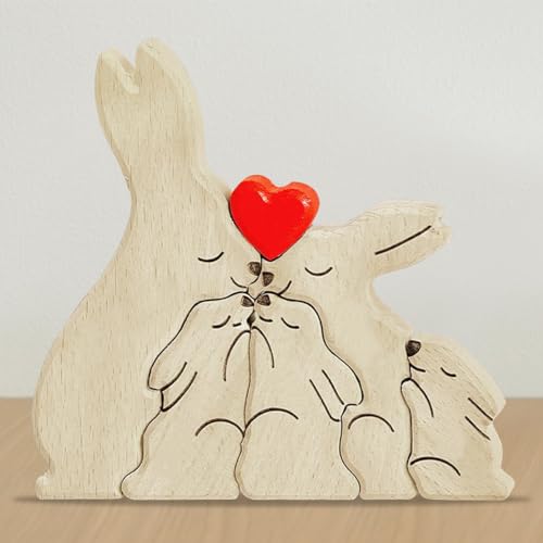 GAROMIA Personalisiertes Holzkunstpuzzle 5 Holzfigur Familie Hasen Familie Tier Skulpturen Desktop Ornament Puzzle Personalisiert Familiennamen Personalisierte Geschenke von GAROMIA