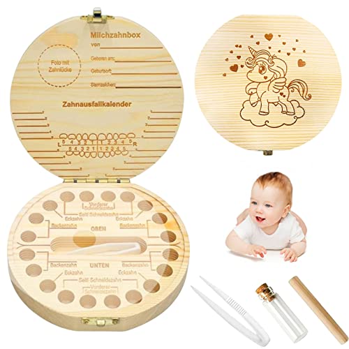 GAROMIA Zahnbox Holz Milchzähne Box Einhörner Zahnbox für Milchzähne Mädchen Milchzahndose Zahndose Milchzahn Aufbewahrungsbox Zähne Kinder Souvenir Box von GAROMIA