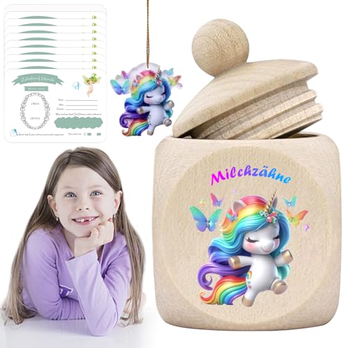 GAROMIA Zahndose Milchzähne Mädchen Milchzahndose mit Schraubdeckel Einhörner Zahnbox Holz Milchzähne Milchzahndose Zahndose Milchzahn Aufbewahrungsbox Zähne Kinder Souvenir Box von GAROMIA