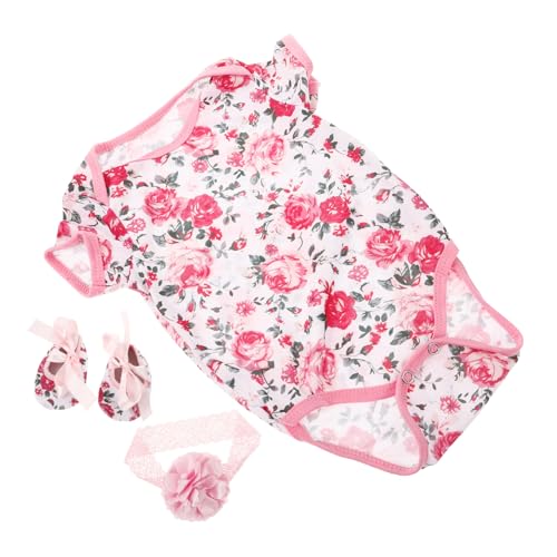 GARVALON 3 Stück Puppenkleidung Mädchen Outfits Accessoires Rosenmuster Bodys Wiedergeborene Puppen Outfits Kleidung Für Neugeborene Kurzarm Einteiler Overall Stirnband Rosa von GARVALON