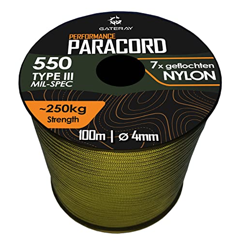 GATERAY® Performance Paracord 550 4mm Nylonschnur - 100 Meter Allzweck-Seil aus Nylon für Camping - Outdoor & Survival (Oliv Grün, 100m) von GATERAY