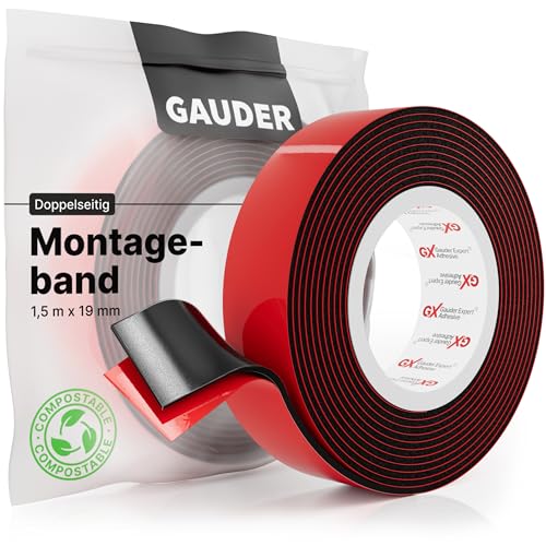 GAUDER Montageband (1,5 m x 19 mm) | Doppelklebeband | Montageklebeband | Spiegelklebeband | Doppelseitiges Klebeband schwarz von GAUDER