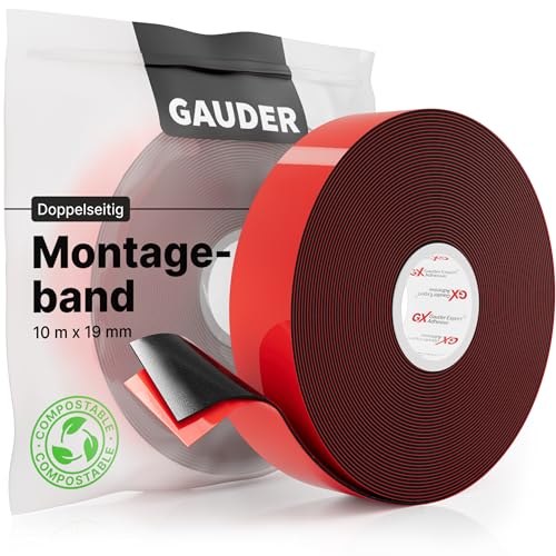 GAUDER Montageband (10 m x 19 mm) | Doppelklebeband | Montageklebeband | Spiegelklebeband | Doppelseitiges Klebeband schwarz von GAUDER