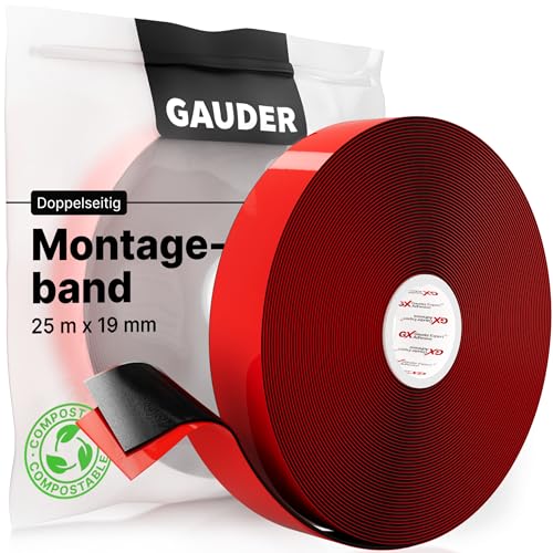 GAUDER Montageband (25 m x 19 mm) | Doppelklebeband | Montageklebeband | Spiegelklebeband | Doppelseitiges Klebeband schwarz von GAUDER