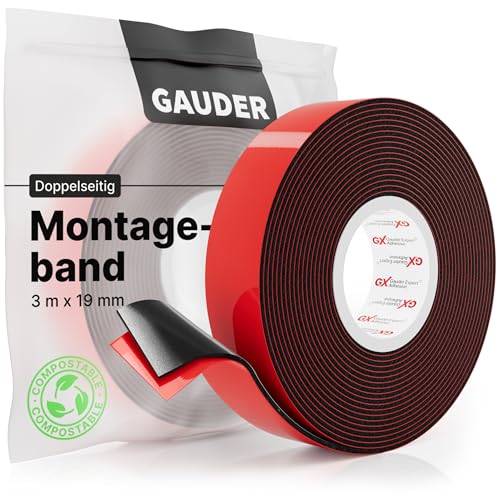 GAUDER Montageband (3 m x 19 mm) | Doppelklebeband | Montageklebeband | Spiegelklebeband | Doppelseitiges Klebeband schwarz von GAUDER