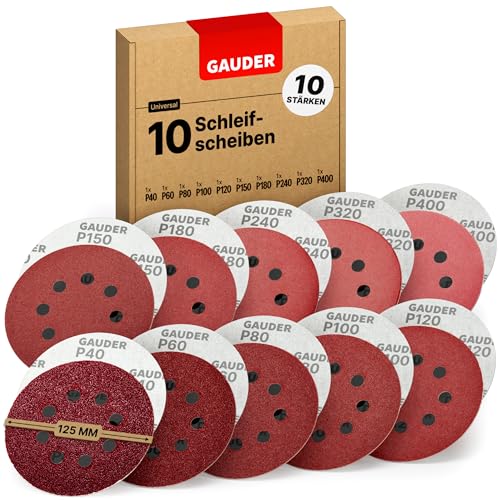 GAUDER Professional Schleifscheiben Set für Exzenterschleifer Ø 125mm | 10 Stück Schleifpapier Klett | 8 Loch Schleifblätter rund je 1 x 40/60/80/100/120/150/180/240/320/400 Körnung von GAUDER