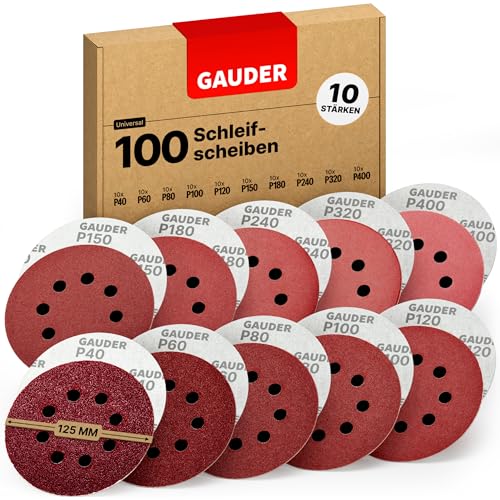 GAUDER Professional Schleifscheiben Set für Exzenterschleifer Ø 125mm | 100 Stück Schleifpapier Klett | 8 Loch Schleifblätter rund je 10 x 40/60/80/100/120/150/180/240/320/400 Körnung von GAUDER