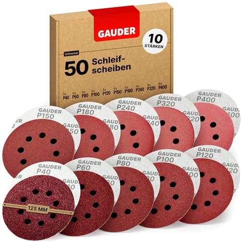 GAUDER Professional Schleifscheiben Set für Exzenterschleifer Ø 125mm | 50 Stück Schleifpapier Klett | 8 Loch Schleifblätter rund je 5 x 40/60/80/100/120/150/180/240/320/400 Körnung von GAUDER