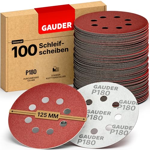 GAUDER Schleifscheiben für Exzenterschleifer Ø 125mm | 100 Stück Schleifpapier Klett | 8 Loch Schleifblätter rund | Körnung P180 von GAUDER