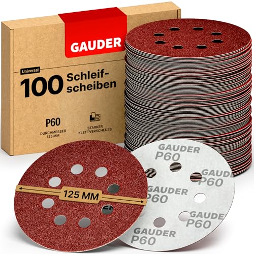 GAUDER Schleifscheiben für Exzenterschleifer Ø 125mm | 100 Stück Schleifpapier Klett | 8 Loch Schleifblätter rund | Körnung P60 von GAUDER