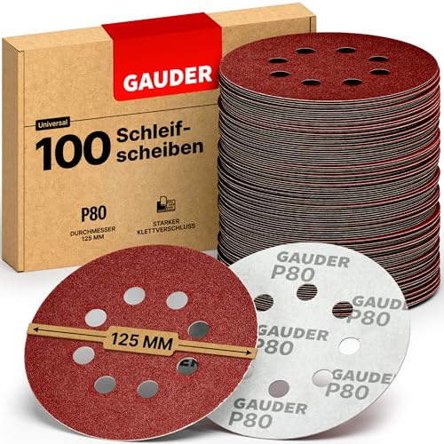 GAUDER Schleifscheiben für Exzenterschleifer Ø 125mm | 100 Stück Schleifpapier Klett | 8 Loch Schleifblätter rund | Körnung P80 von GAUDER