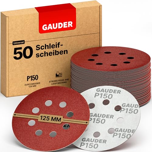 GAUDER Schleifscheiben für Exzenterschleifer Ø 125mm | 50 Stück Schleifpapier Klett | 8 Loch Schleifblätter rund | Körnung P150 von GAUDER