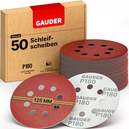 GAUDER Schleifscheiben für Exzenterschleifer Ø 125mm | 50 Stück Schleifpapier Klett | 8 Loch Schleifblätter rund | Körnung P180 von GAUDER