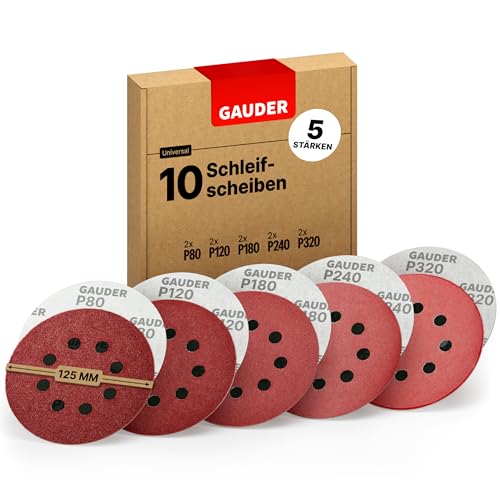 GAUDER Starter Schleifscheiben Set für Exzenterschleifer Ø 125mm | 10 Stück Schleifpapier Klett | 8 Loch Schleifblätter rund je 2 x 80/120/180/240/320 Körnung von GAUDER