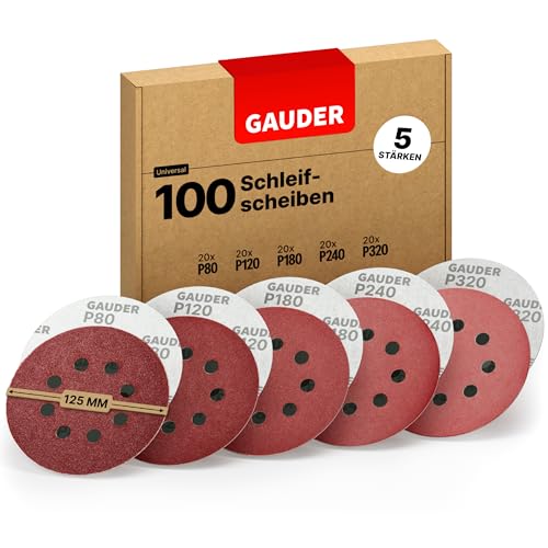 GAUDER Starter Schleifscheiben Set für Exzenterschleifer Ø 125mm | 100 Stück Schleifpapier Klett | 8 Loch Schleifblätter rund je 20 x 80/120/180/240/320 Körnung von GAUDER